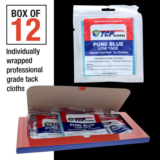 TCP Global - Pure Blue Low Tack Superior Tack Cloths - Tack Rags (Box of 12), Automotive Car Painters, Removes Dust Sanding Particles, Cleans Surfaces