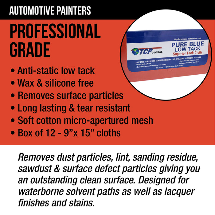 TCP Global - Pure Blue Low Tack Superior Tack Cloths - Tack Rags (Box of 12), Automotive Car Painters, Removes Dust Sanding Particles, Cleans Surfaces