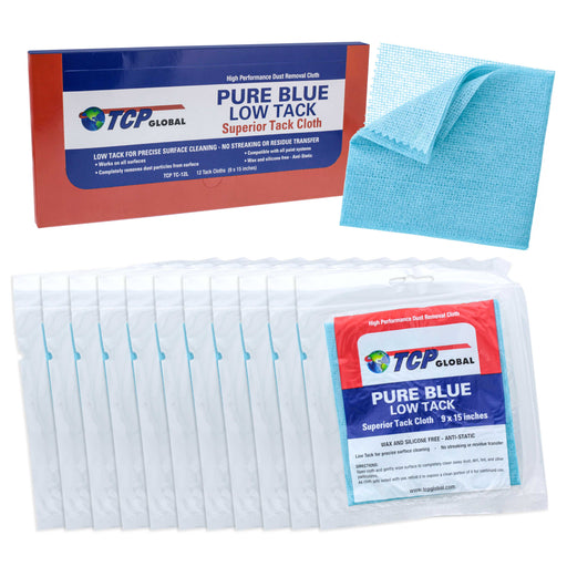 TCP Global - Pure Blue Low Tack Superior Tack Cloths - Tack Rags (Box of 12), Automotive Car Painters, Removes Dust Sanding Particles, Cleans Surfaces