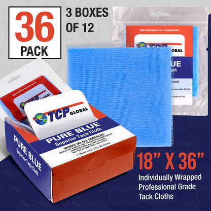 Pure Blue Superior Tack Cloths - Tack Rags (Box of 36) - Automotive Car Painters Professional Grade - Removes Dust, Sanding Particles, Cleans