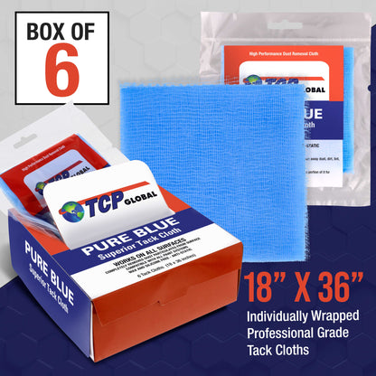Pure Blue Superior Tack Cloths - Tack Rags (Box of 6) - Automotive Car Painters Professional Grade - Removes Dust, Sanding Particles, Cleans Surfaces