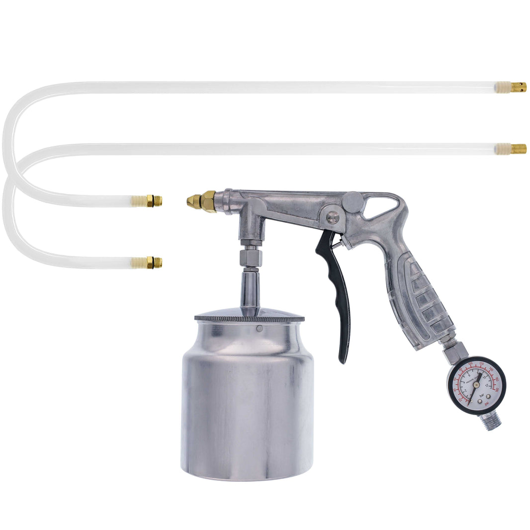 Air Undercoating Spray Gun with Gauge, Suction Feed Cup & 2 Wands - 22" Long Flexible Extension Wand with Multi-Directional Nozzle - Sprayable Bed