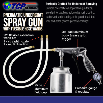 Air Undercoating Spray Gun with Gauge, Suction Feed Cup & 2 Wands - 22" Long Flexible Extension Wand with Multi-Directional Nozzle - Sprayable Bed