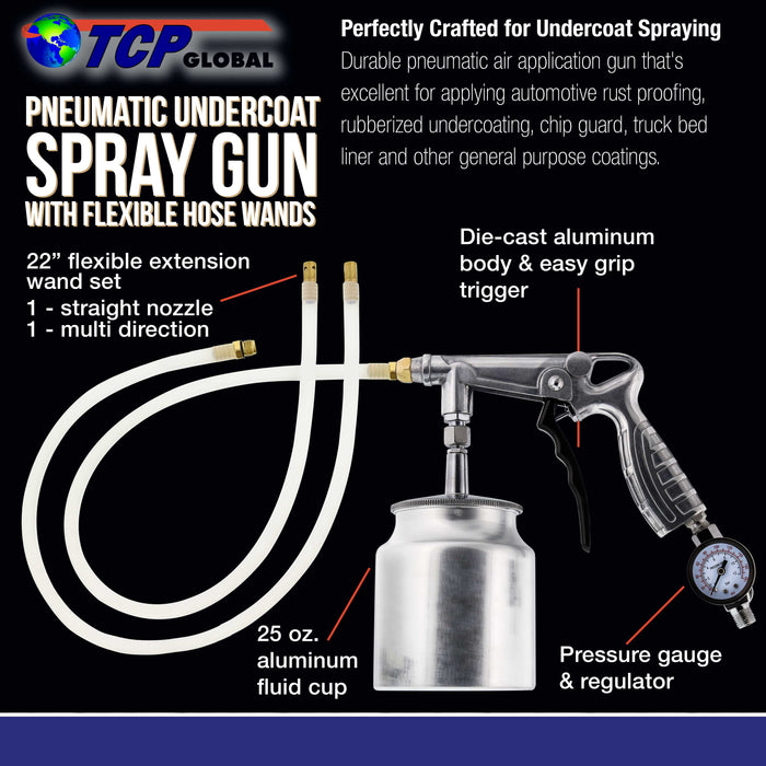 Air Undercoating Spray Gun with Gauge, Suction Feed Cup & 2 Wands - 22" Long Flexible Extension Wand with Multi-Directional Nozzle - Sprayable Bed Liner, Rubberized Truck Undercoating