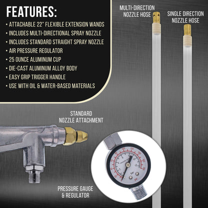Air Undercoating Spray Gun with Gauge, Suction Feed Cup & 2 Wands - 22" Long Flexible Extension Wand with Multi-Directional Nozzle - Sprayable Bed