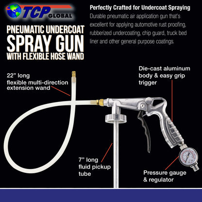 Air Undercoating Spray Gun with Gauge, Includes 22" Long Flexible Extension Wand with Multi-Directional Nozzle - Sprayable Bed Liner, Rubberized