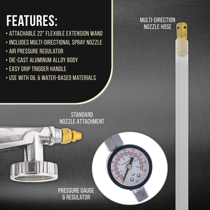 Air Undercoating Spray Gun with Gauge, Includes 22" Long Flexible Extension Wand with Multi-Directional Nozzle - Sprayable Bed Liner, Rubberized