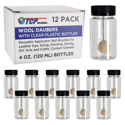 12-Pack Wool Daubers with Clear Plastic Bottles, 4 oz. (120 ml) - Safety Lids, Applicator Ball Brushes for Leather Dye, Dyeing, Painting, Gluing, DIY
