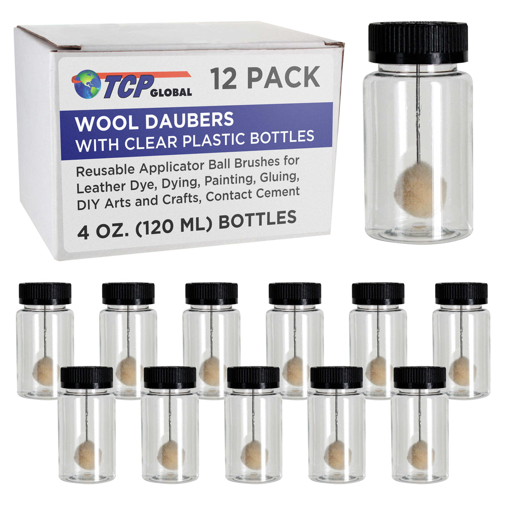12-Pack Wool Daubers with Clear Plastic Bottles, 4 oz. (120 ml) - Safety Lids, Applicator Ball Brushes for Leather Dye, Dyeing, Painting, Gluing, DIY Arts and Crafts, Contact Cement