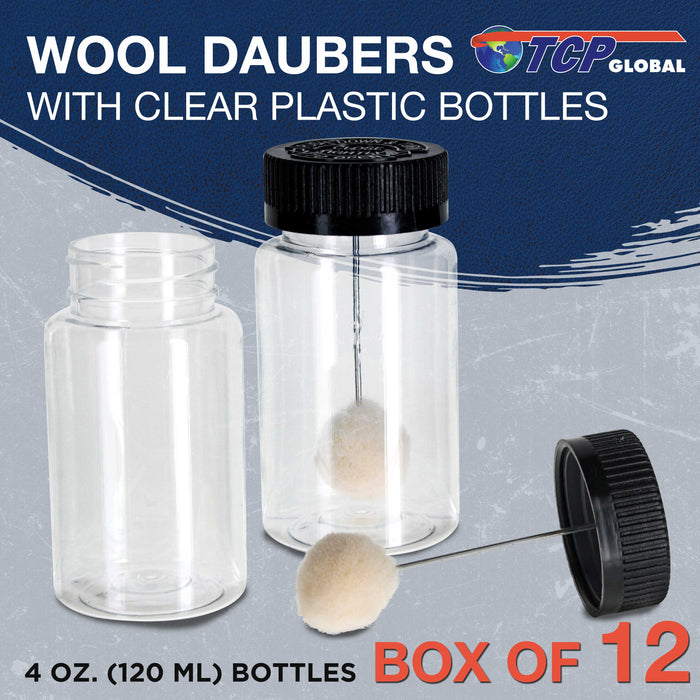 12-Pack Wool Daubers with Clear Plastic Bottles, 4 oz. (120 ml) - Safety Lids, Applicator Ball Brushes for Leather Dye, Dyeing, Painting, Gluing, DIY Arts and Crafts, Contact Cement