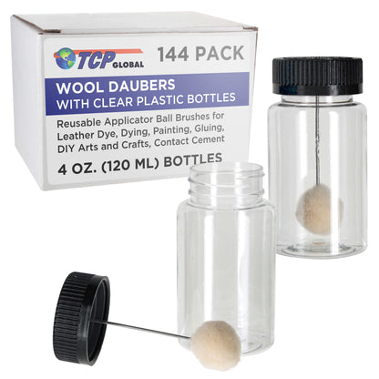 144-Pack Wool Daubers with Clear Plastic Bottles, 4 oz. (120 ml) - Safety Lids, Applicator Ball Brushes for Leather Dye, Dyeing, Painting, Gluing