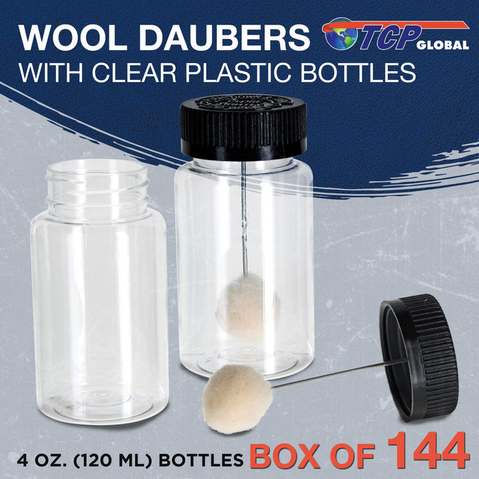 144-Pack Wool Daubers with Clear Plastic Bottles, 4 oz. (120 ml) - Safety Lids, Applicator Ball Brushes for Leather Dye, Dyeing, Painting, Gluing, DIY Arts and Crafts, Contact Cement