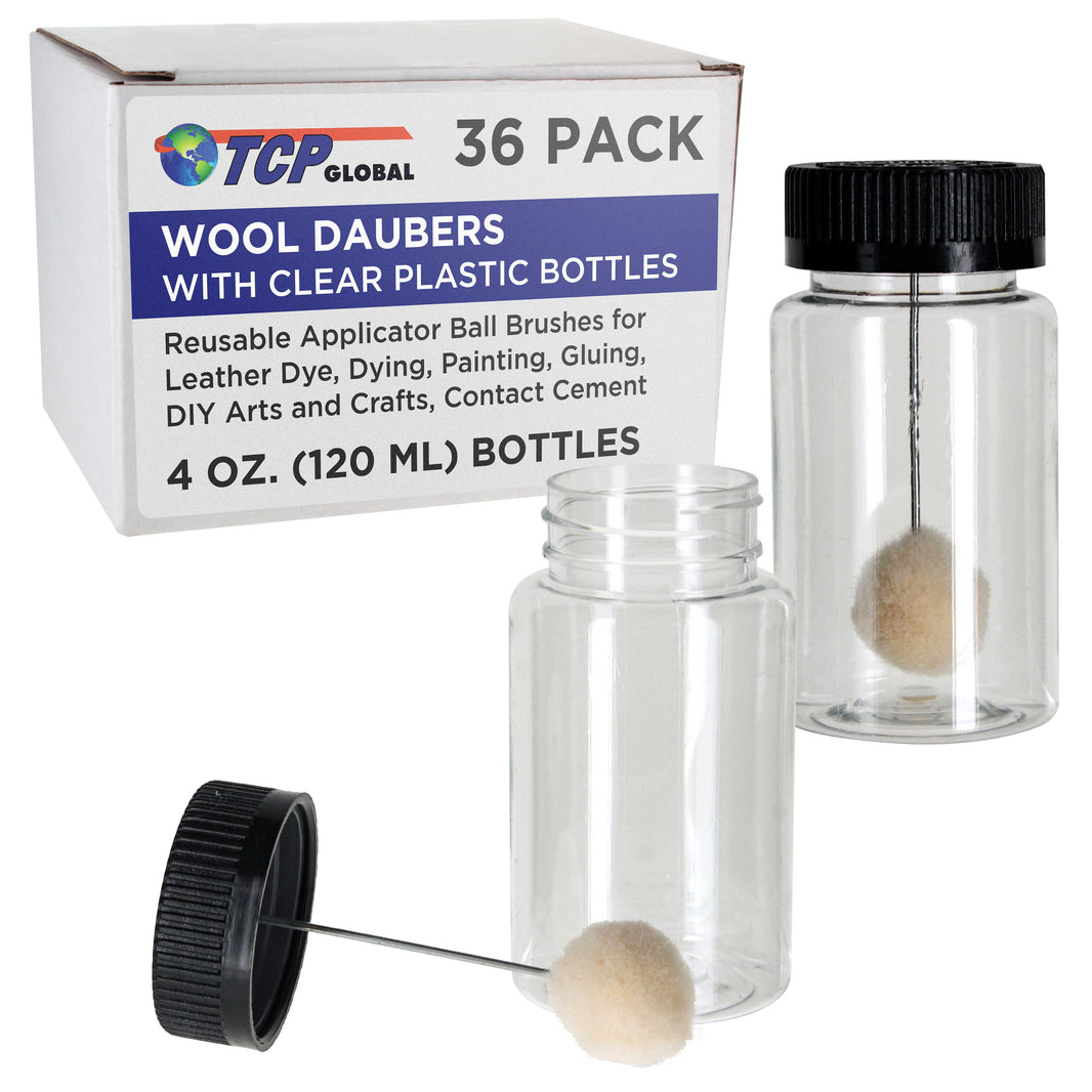 36-Pack Wool Daubers with Clear Plastic Bottles, 4 oz. (120 ml) - Safety Lids, Applicator Ball Brushes for Leather Dye, Dyeing, Painting, Gluing, DIY