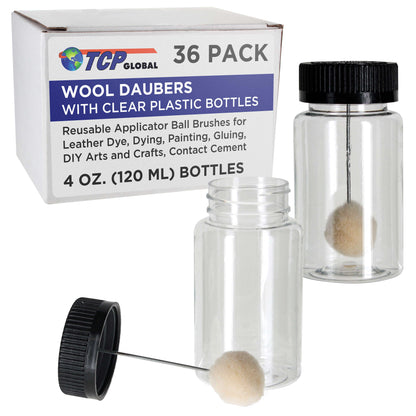 36-Pack Wool Daubers with Clear Plastic Bottles, 4 oz. (120 ml) - Safety Lids, Applicator Ball Brushes for Leather Dye, Dyeing, Painting, Gluing, DIY