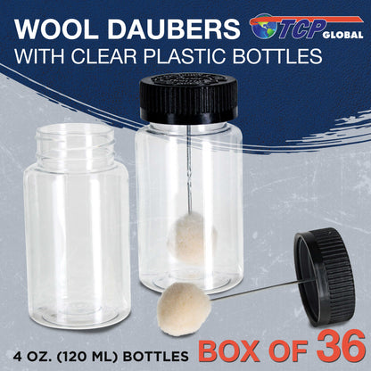 36-Pack Wool Daubers with Clear Plastic Bottles, 4 oz. (120 ml) - Safety Lids, Applicator Ball Brushes for Leather Dye, Dyeing, Painting, Gluing, DIY