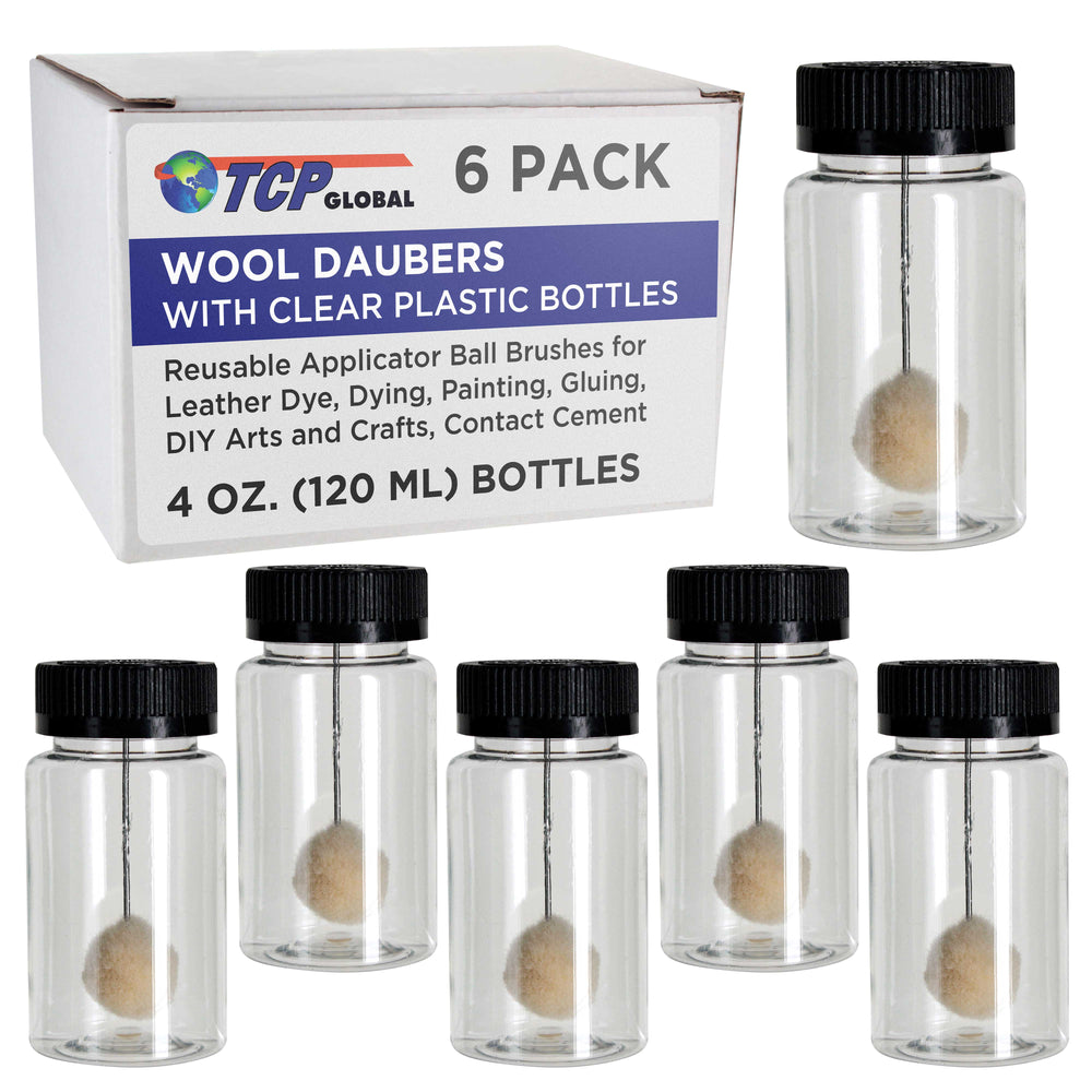 6-Pack Wool Daubers with Clear Plastic Bottles, 4 oz. (120 ml) - Safety Lids, Applicator Ball Brushes for Leather Dye, Dyeing, Painting, Gluing, DIY