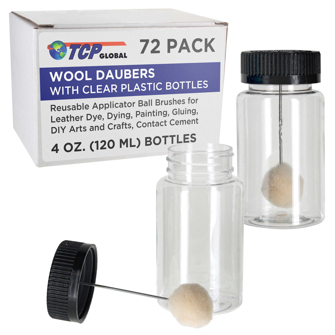 72-Pack Wool Daubers with Clear Plastic Bottles, 4 oz. (120 ml) - Safety Lids, Applicator Ball Brushes for Leather Dye, Dyeing, Painting, Gluing, DIY