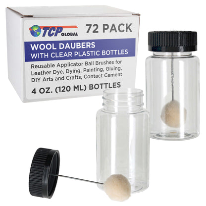 72-Pack Wool Daubers with Clear Plastic Bottles, 4 oz. (120 ml) - Safety Lids, Applicator Ball Brushes for Leather Dye, Dyeing, Painting, Gluing, DIY
