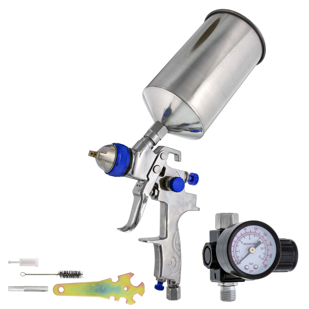 Professional HVLP Paint Spray Gun - 1.5mm Fluid Tip, Gravity Feed with Air Regulator & 1-Liter Aluminum Cup, For Basecoats & Clearcoats, Full Adjustment Control Knobs