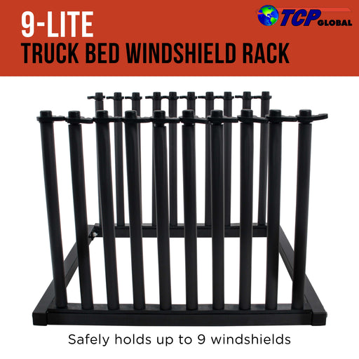 TCP Global 9-Lite Truck Bed Windshield Rack - Mobile 9 Slot Auto Glass Cargo Protection Management Rack - Safety Rubber Foam Pads, Mast Locks