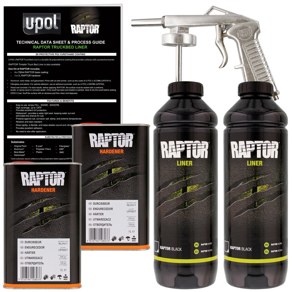 Black - U-POL Urethane Spray-On Truck Bed Liner Kit with included Spray Gun, 2 Liters