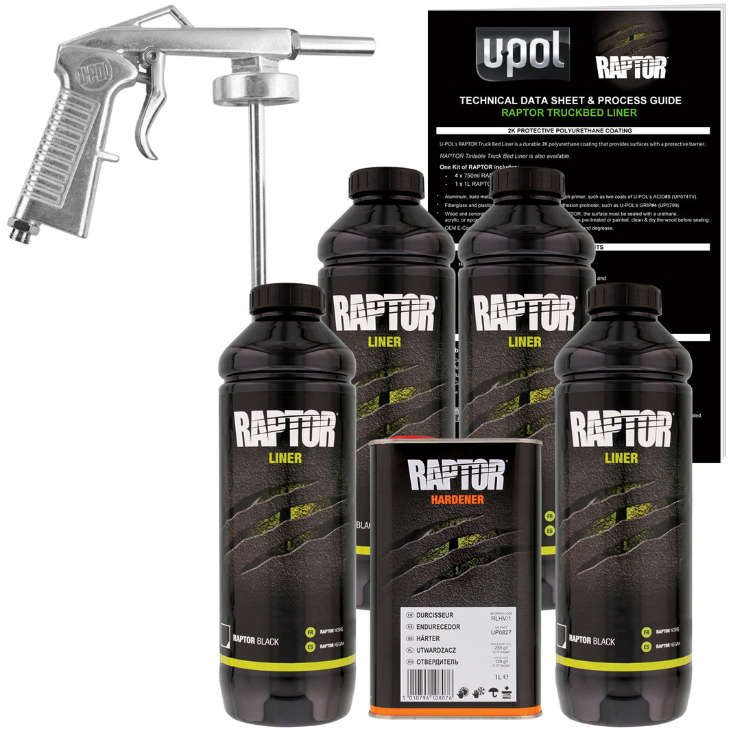 Black - U-POL Urethane Spray-On Truck Bed Liner Kit with included Spray Gun, 4 Quarts