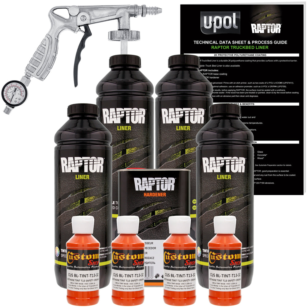 Safety Orange - U-POL Urethane Spray-On Truck Bed Liner Kit with included Spray Gun, 4 Quarts