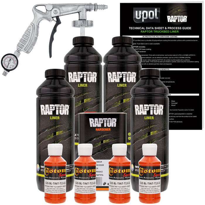 Safety Orange - U-POL Urethane Spray-On Truck Bed Liner Kit with included Spray Gun, 4 Quarts