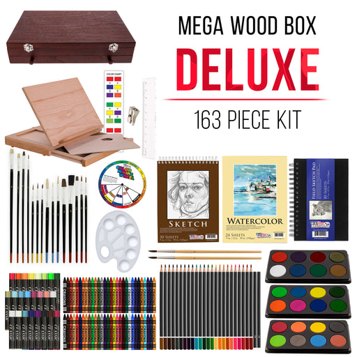 U.S. Art Supply 163-Piece Mega Deluxe Art Painting, Drawing Set, Desk Easel - Painting Pad, Sketch Pads, 24 Watercolors, 24 Colored Pencils, Crayons