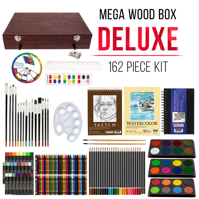 U.S. Art Supply 162-Piece Deluxe Mega Wood Box Art Painting & Drawing Set - Artist Painting Pad, 2 Sketch Pads, Watercolors, Colored Pencils, Crayons