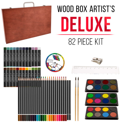 U.S. Art Supply 82-Piece Deluxe Artist Studio Creativity Set Wood Box Case, Painting, Drawing Set, 24 Watercolors, 24 Oil Pastels, 24 Colored Pencils