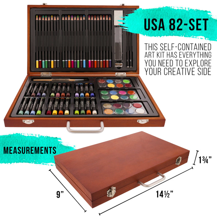 U.S. Art Supply 82-Piece Deluxe Artist Studio Creativity Set Wood Box Case, Painting, Drawing Set, 24 Watercolors, 24 Oil Pastels, 24 Colored Pencils