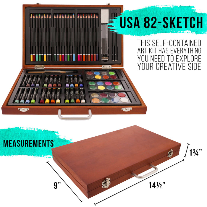 U.S. Art Supply 84-Piece Deluxe Artist Studio Creativity Set in Case, Painting, Drawing, 2 Sketch Pads, 24 Watercolor Paint Colors, 24 Colored Pencils