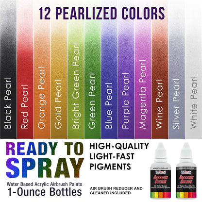 12 Color Pearlized Acrylic Airbrush Paint Set with Reducer & Cleaner, Ready to Spray, 1 oz. Bottles