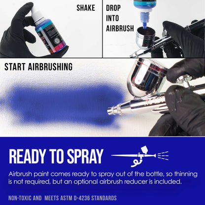 12 Color Pearlized Acrylic Airbrush Paint Set with Reducer & Cleaner, Ready to Spray, 1 oz. Bottles
