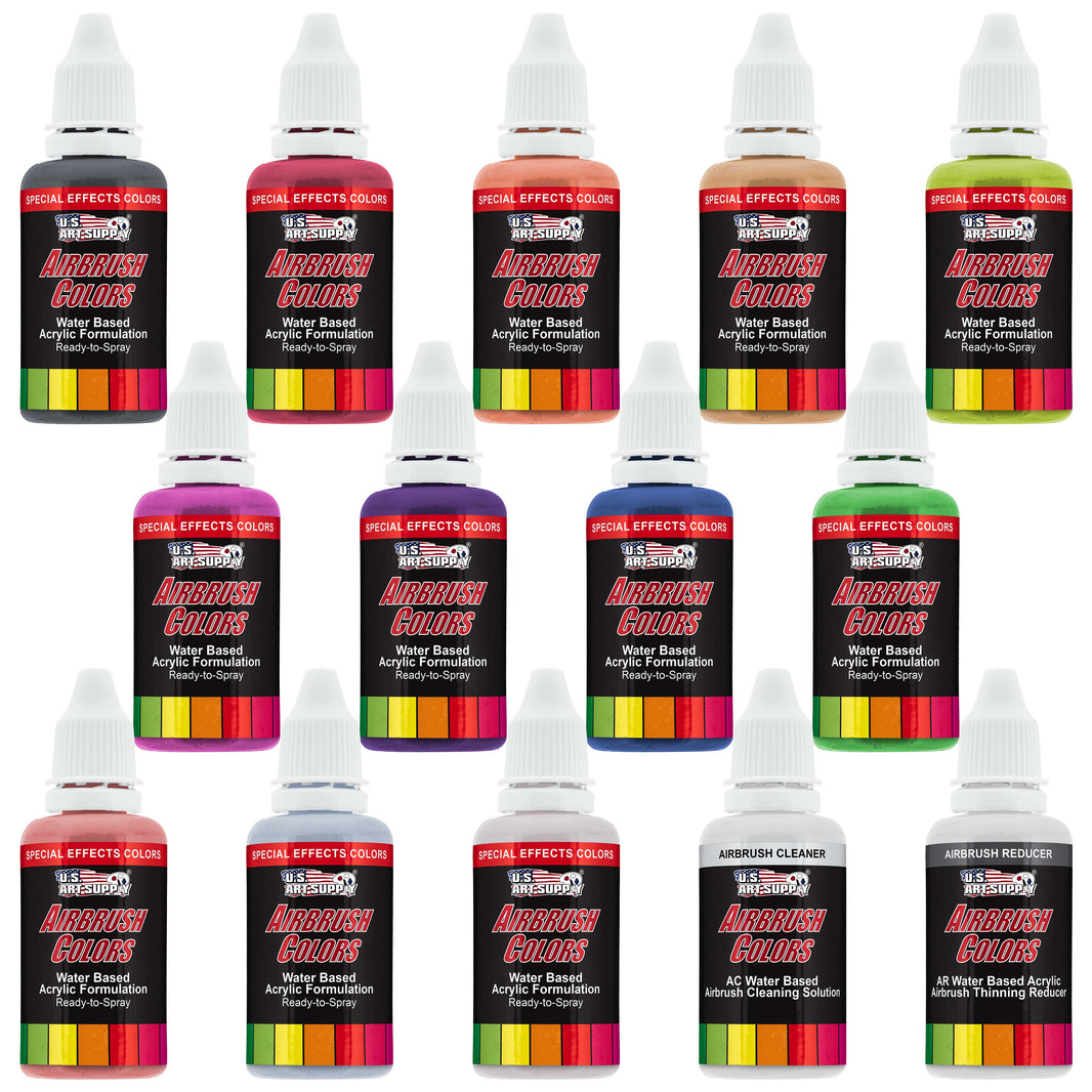 12 Color Pearlized Acrylic Airbrush Paint Set with Reducer & Cleaner, Ready to Spray, 1 oz. Bottles