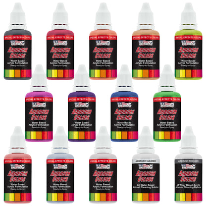 12 Color Pearlized Acrylic Airbrush Paint Set with Reducer & Cleaner, Ready to Spray, 1 oz. Bottles