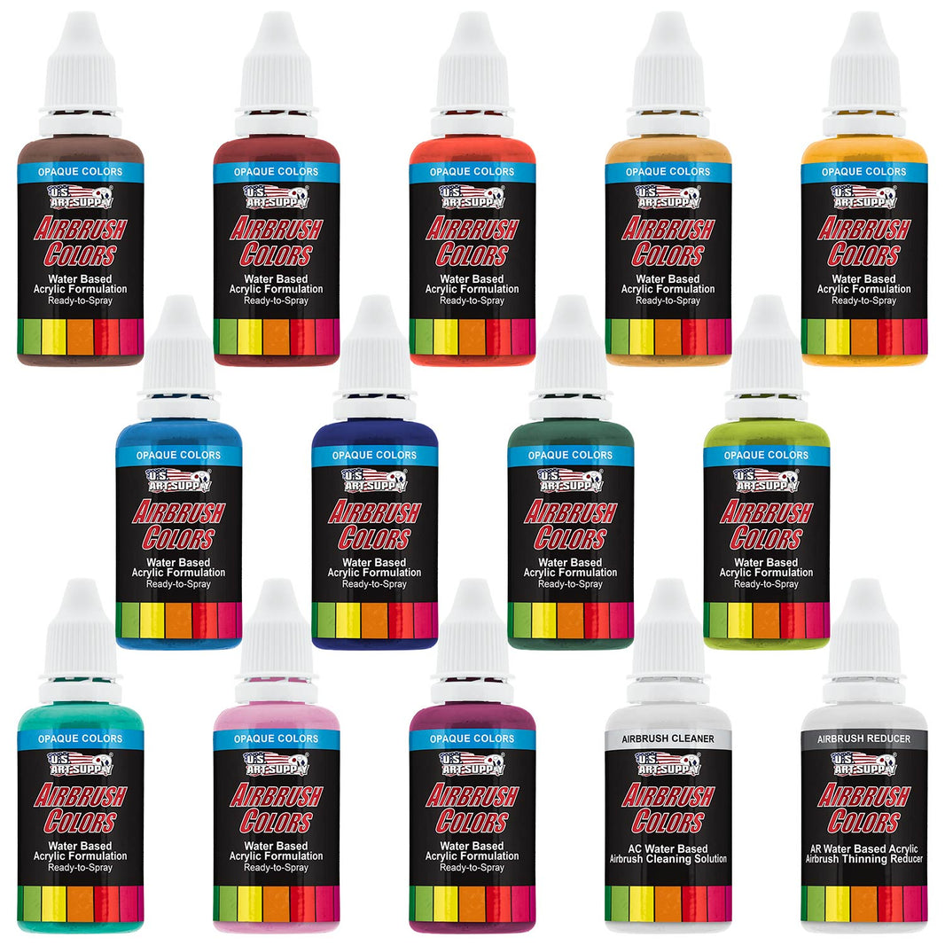 12 Color Secondary Opaque Acrylic Airbrush Paint Set with Reducer & Cleaner, Ready to Spray, 1 oz. Bottles