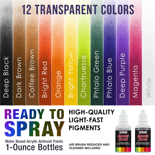 12 Color Acrylic Transparent Colors Airbrush Paint Set with Reducer & Cleaner, 1 oz. Bottles