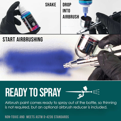 12 Color Acrylic Transparent Colors Airbrush Paint Set with Reducer & Cleaner, Ready to Spray, 1 oz. Bottles