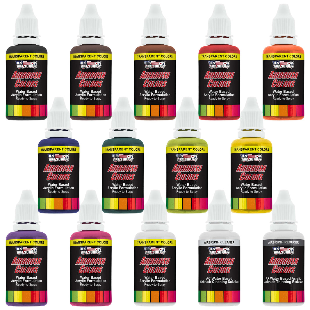12 Color Acrylic Transparent Colors Airbrush Paint Set with Reducer & Cleaner, Ready to Spray, 1 oz. Bottles