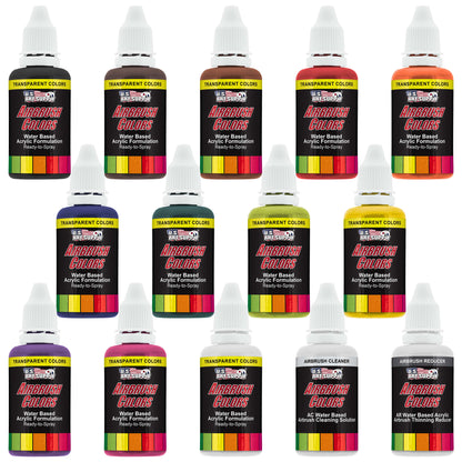 12 Color Acrylic Transparent Colors Airbrush Paint Set with Reducer & Cleaner, Ready to Spray, 1 oz. Bottles