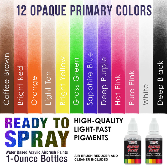 12 Color Primary Opaque Colors Acrylic Airbrush Paint Set with Reducer & Cleaner, 1 oz. Bottles