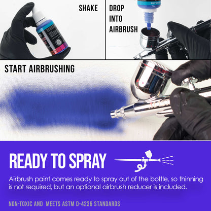 12 Color Primary Opaque Acrylic Airbrush Paint Set with Reducer & Cleaner, Ready to Spray, 1 oz. Bottles