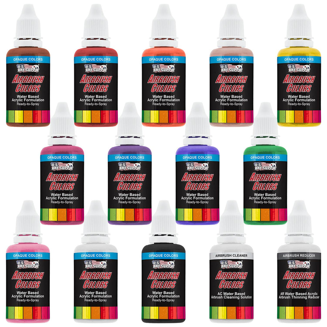 12 Color Primary Opaque Acrylic Airbrush Paint Set with Reducer & Cleaner, Ready to Spray, 1 oz. Bottles