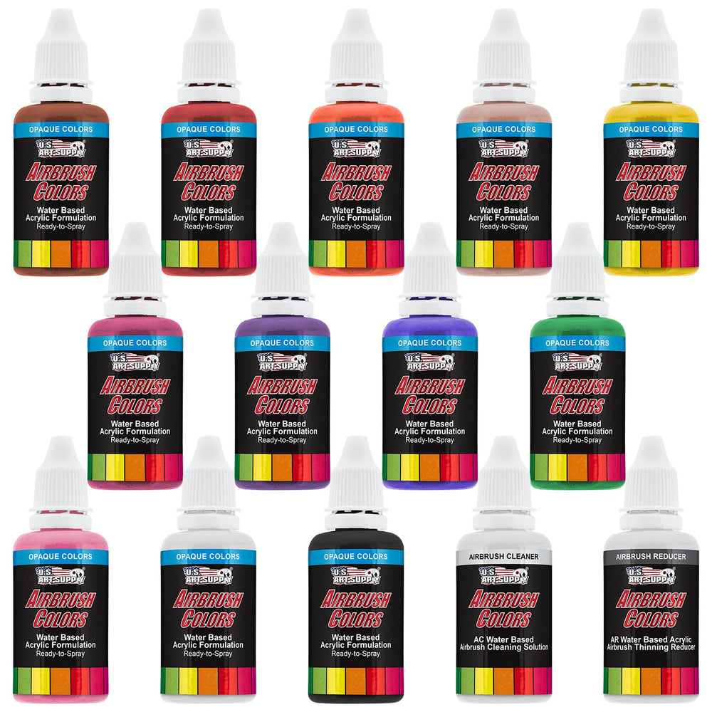 Airbrush Paint Set - 12 Color Primary Opaque with Reducer & Cleaner, Ready to Spray Air brush Paint, 1-Ounce Water-Based Acrylic for Painting Metal, Plastic Models, Canvas, Wood