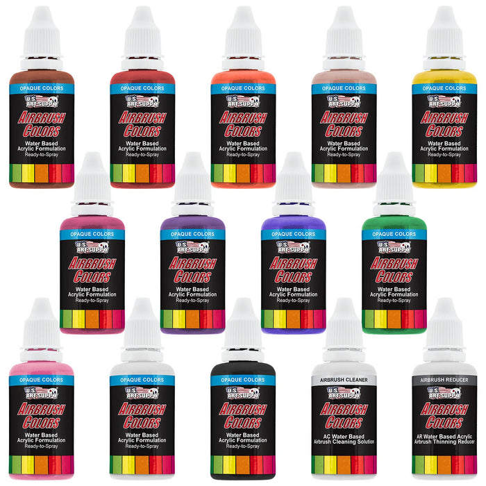 Airbrush Paint Set - 12 Color Primary Opaque with Reducer & Cleaner, Ready to Spray Air brush Paint, 1-Ounce Water-Based Acrylic for Painting Metal, Plastic Models, Canvas, Wood