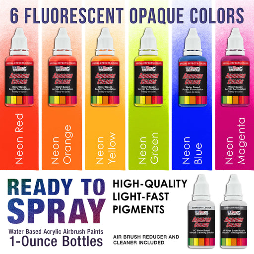 6 Color Fluorescent Acrylic Neon Colors Airbrush Paint Set with Reducer & Cleaner, 1 oz. Bottles