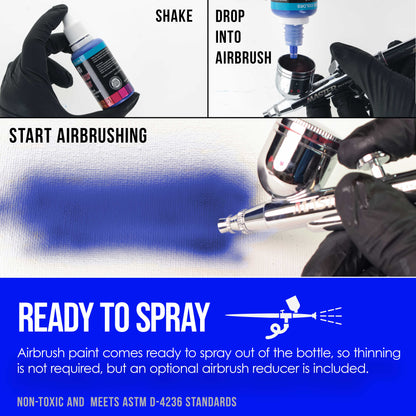 6 Color Fluorescent Acrylic Neon Airbrush Paint Set with Reducer & Cleaner, Ready to Spray, 1 oz. Bottles