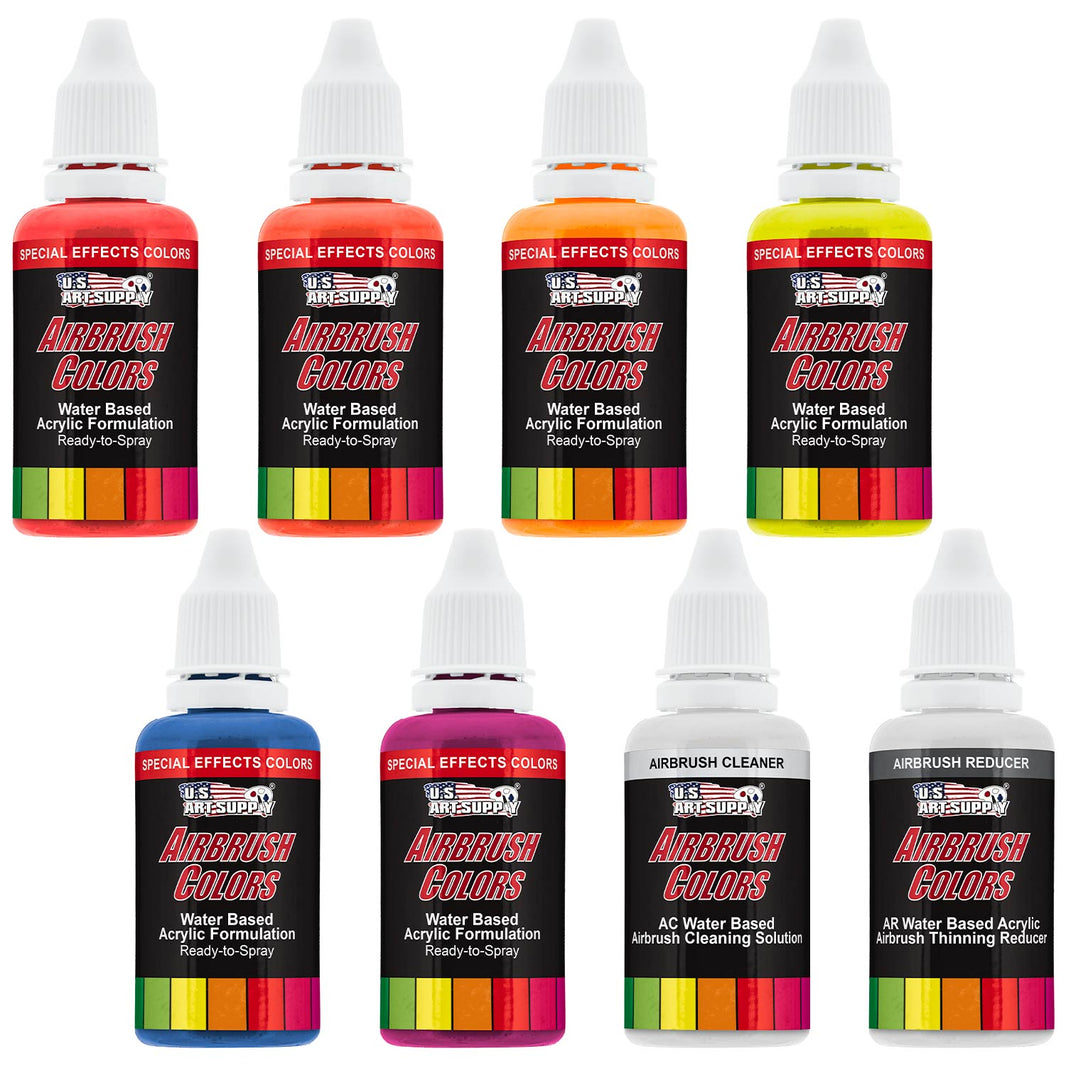 6 Color Fluorescent Acrylic Neon Airbrush Paint Set with Reducer & Cleaner, Ready to Spray, 1 oz. Bottles